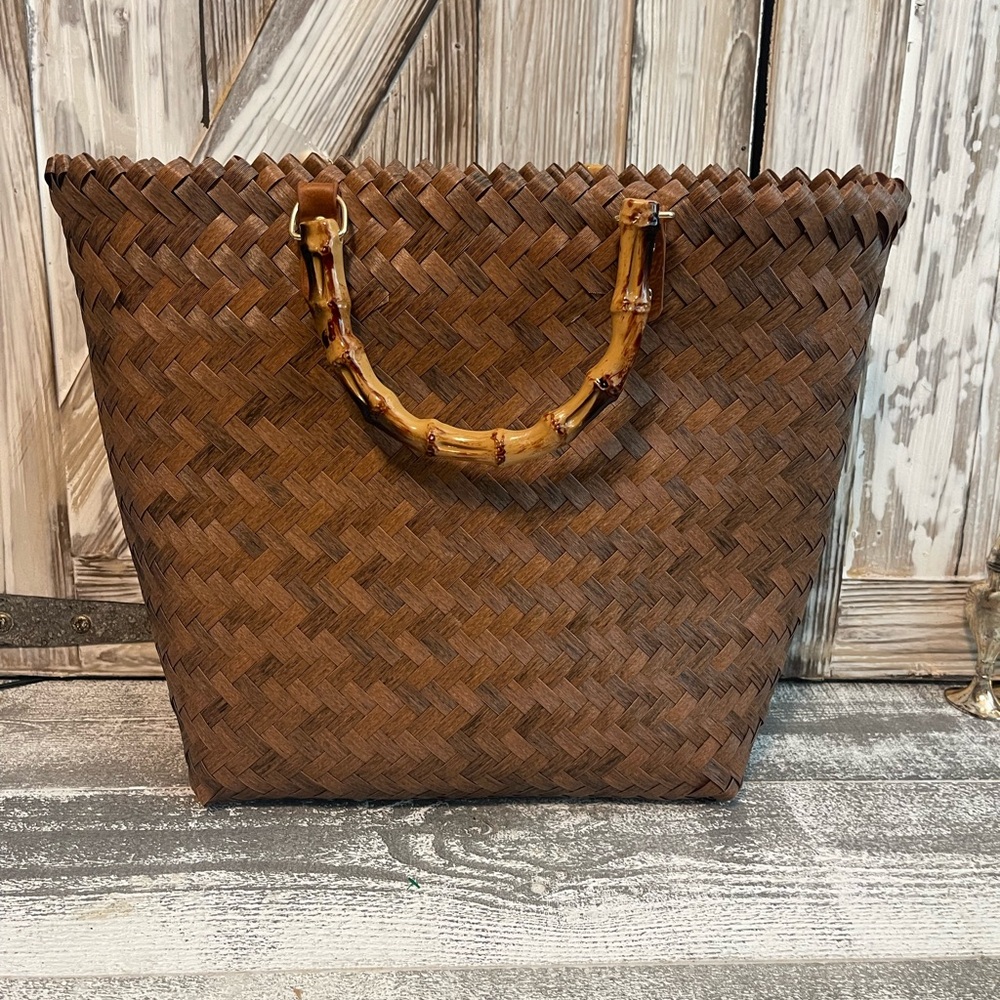 Tommy Bahama NWT Large Woven Tote Bag Brown Bamboo Handle Beach Resort Purse - Picture 7 of 12